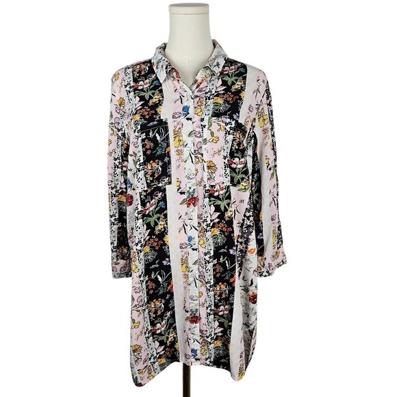 KC Khakis & Co Button-Up Tunic Dress Medium Floral Stripe Cottagecore - Picture 1 of 11